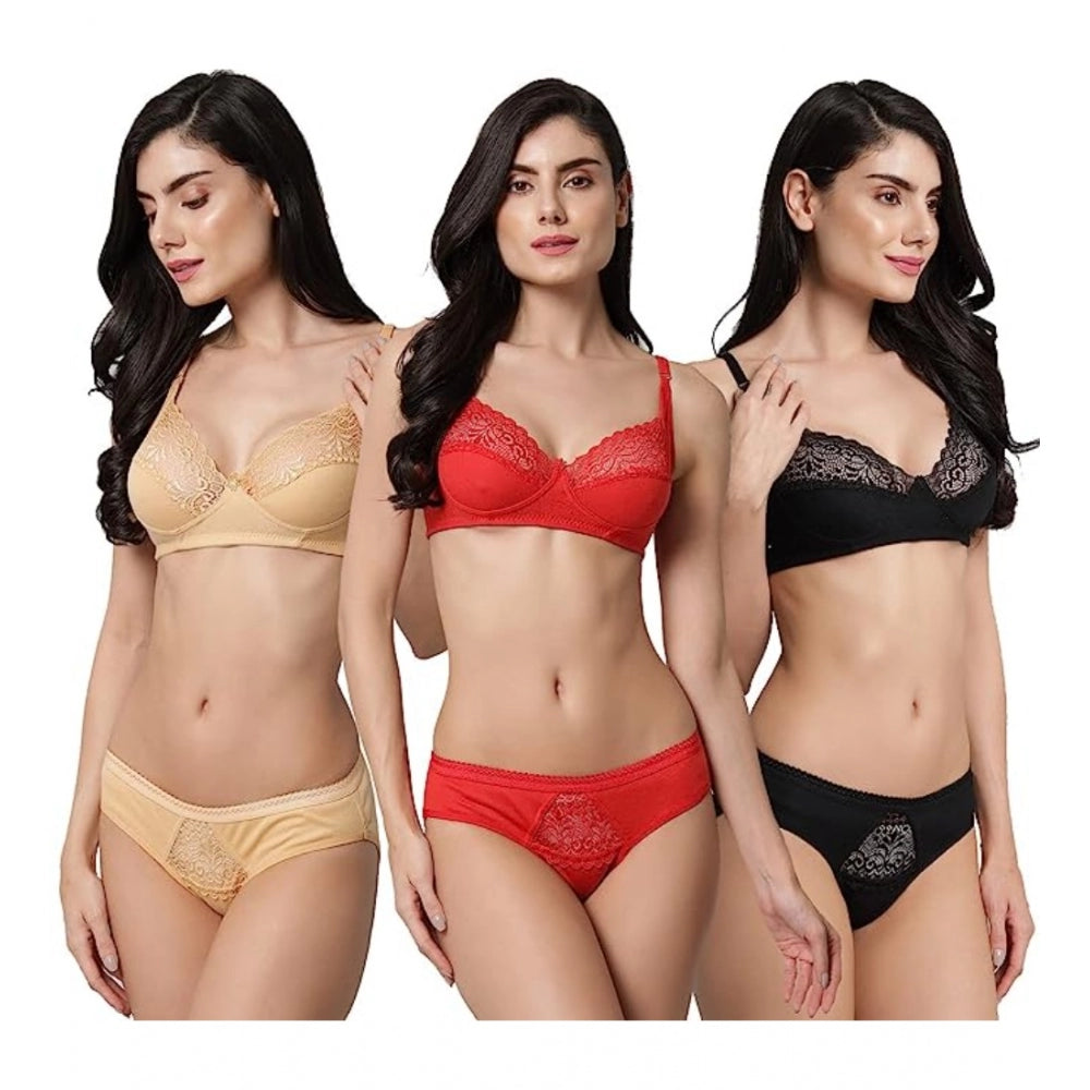 Generic Pack Of_3 Women's Cotton Solid Lingerie Set (Multicolor)