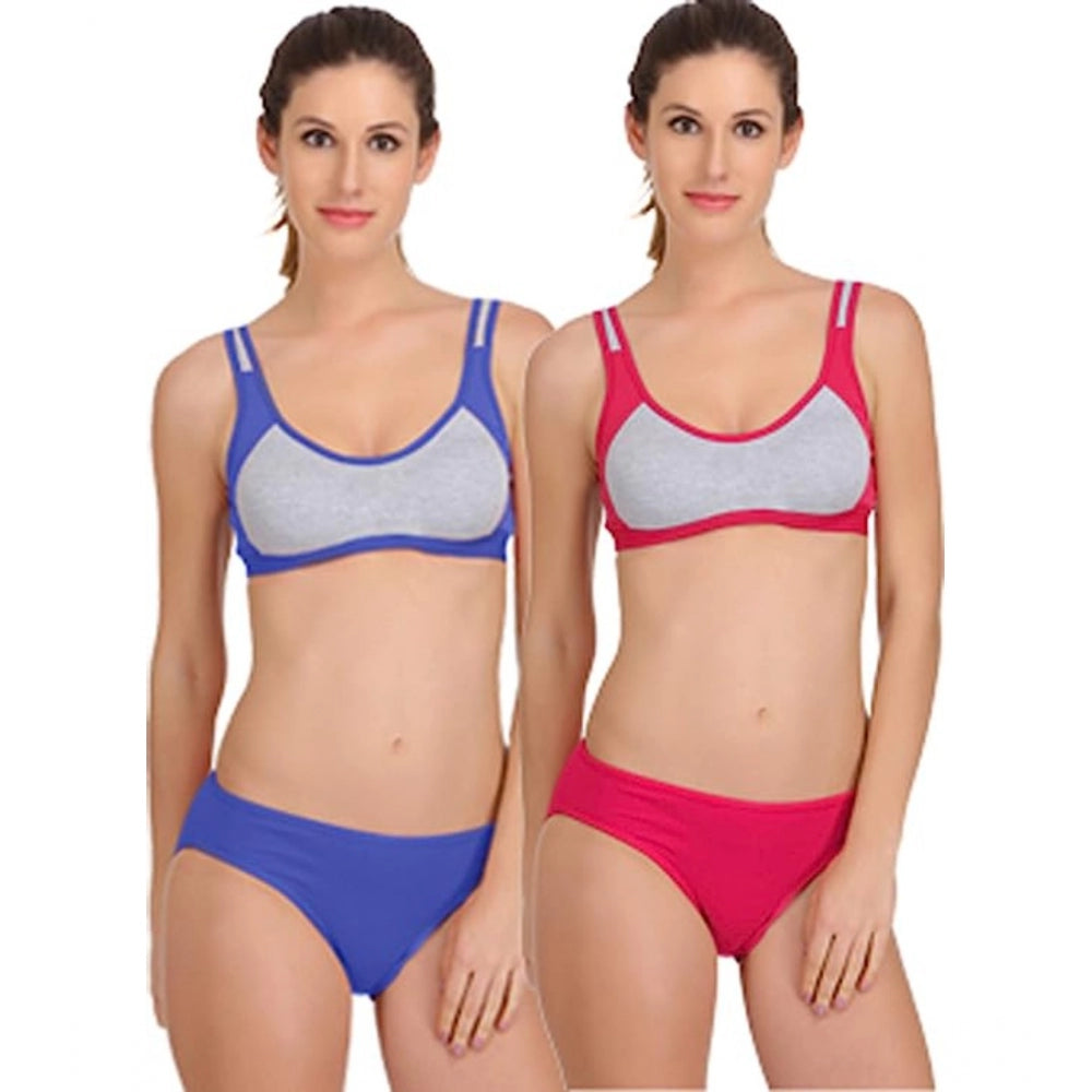 Generic Pack Of_2 Women's Cotton Solid Sports Bra Panty Set (Multicolor)