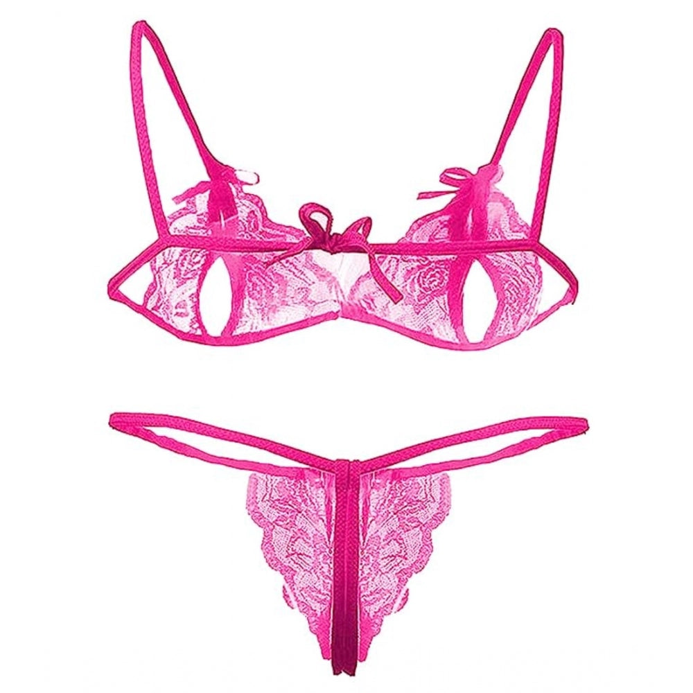 Generic Women's Net Solid Lingerie Set (Pink)