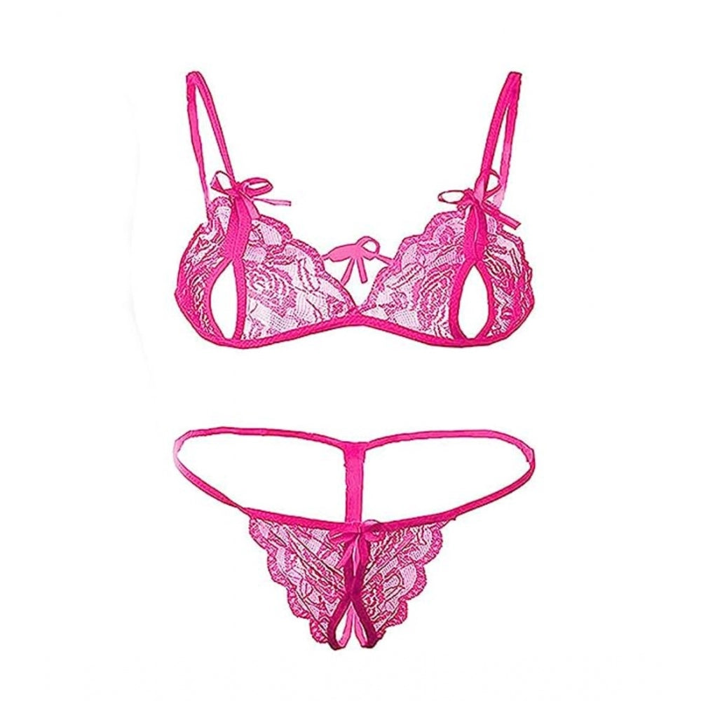 Generic Women's Net Solid Lingerie Set (Pink)