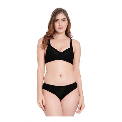 Generic Women's Cotton Solid Lingerie Set (Black)