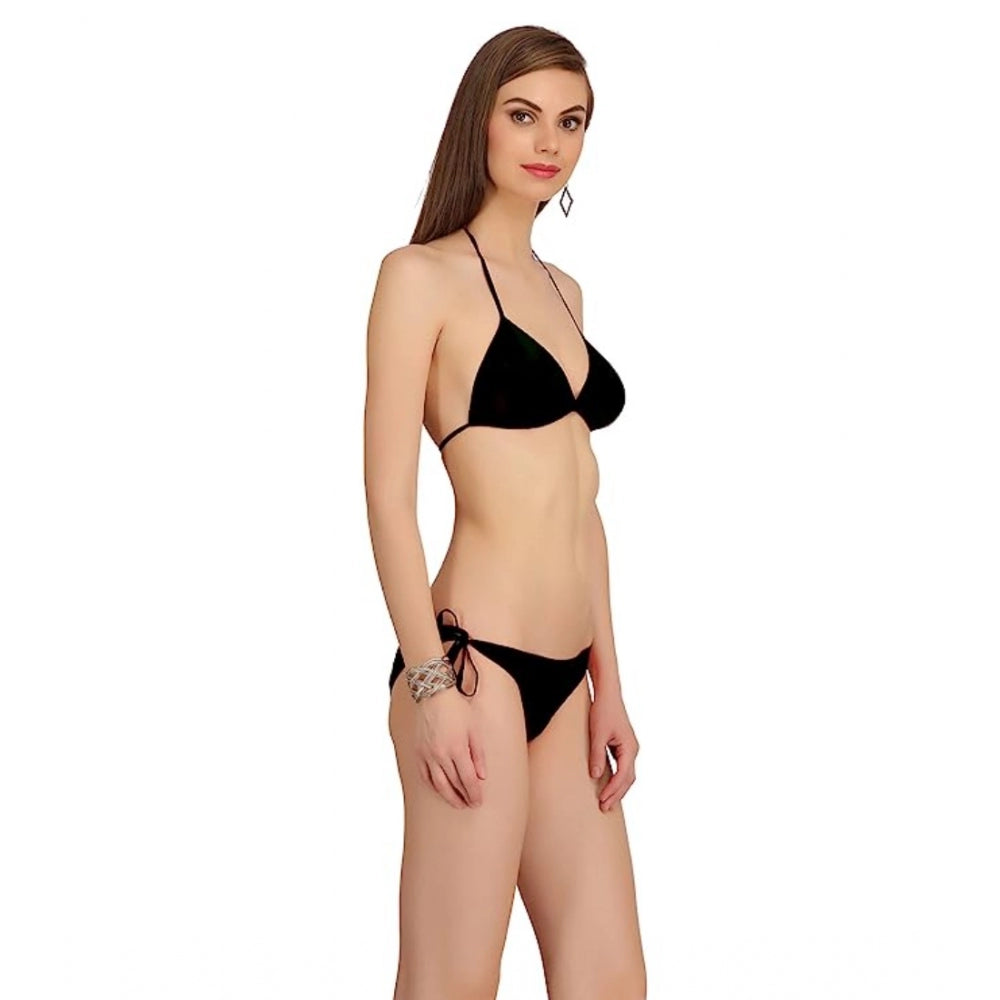 Generic Women's Satin Nylon Solid Lingerie Set (Black)