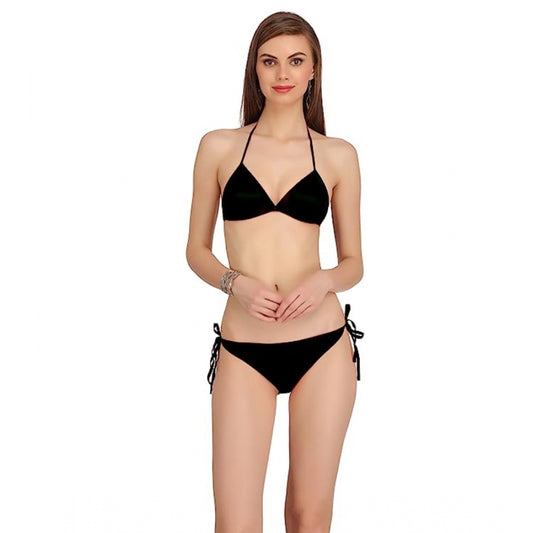 Generic Women's Satin Nylon Solid Lingerie Set (Black)