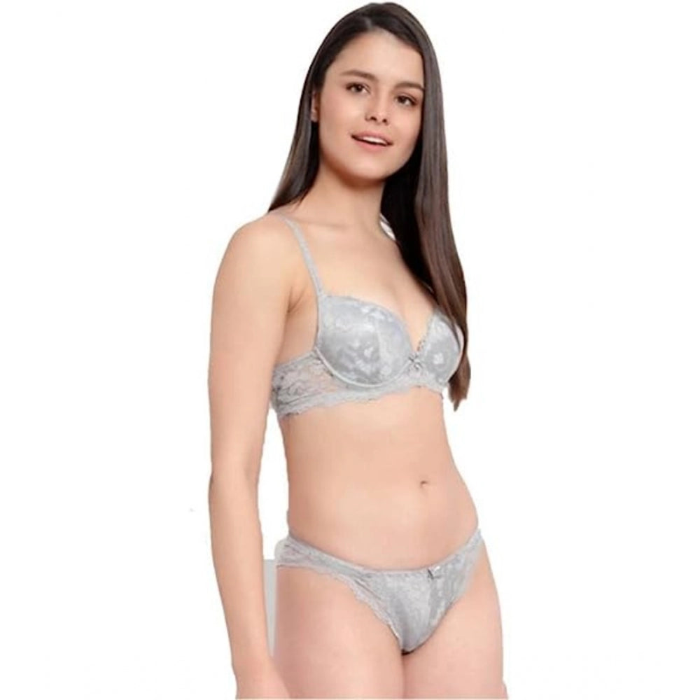 Generic Women's Cotton Floral Printed Bra and Panty Set (Grey)