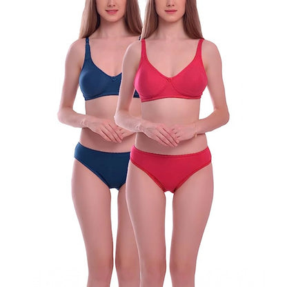 Generic Pack Of_2 Women's Cotton Solid T-Shirt Bra and Panty Set (Red - Blue)