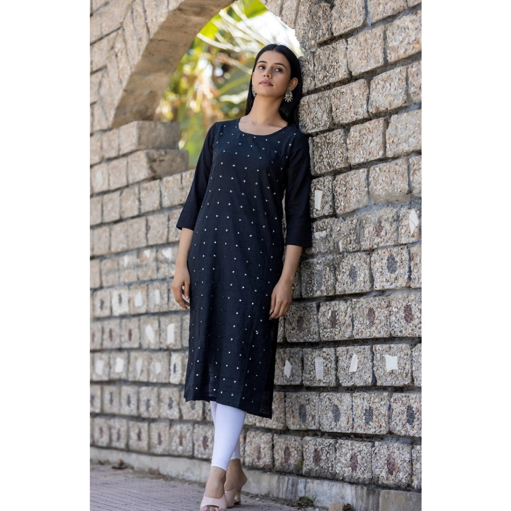 Generic Women's Cotton Solid 3/4 Sleeve Round Neck Kurti (Black)