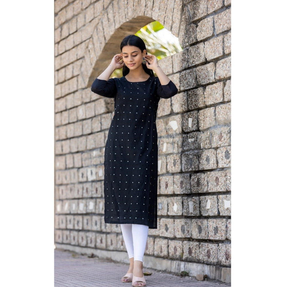 Generic Women's Cotton Solid 3/4 Sleeve Round Neck Kurti (Black)