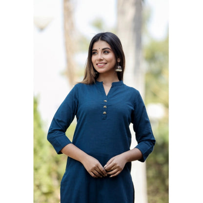 Generic Women's Cotton Solid 3/4 Sleeve Mandarin collar Kurti (Blue)