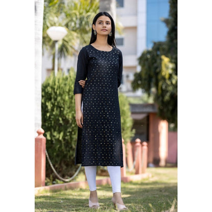 Generic Women's Cotton Solid 3/4 Sleeve Round Neck Kurti (Blue)