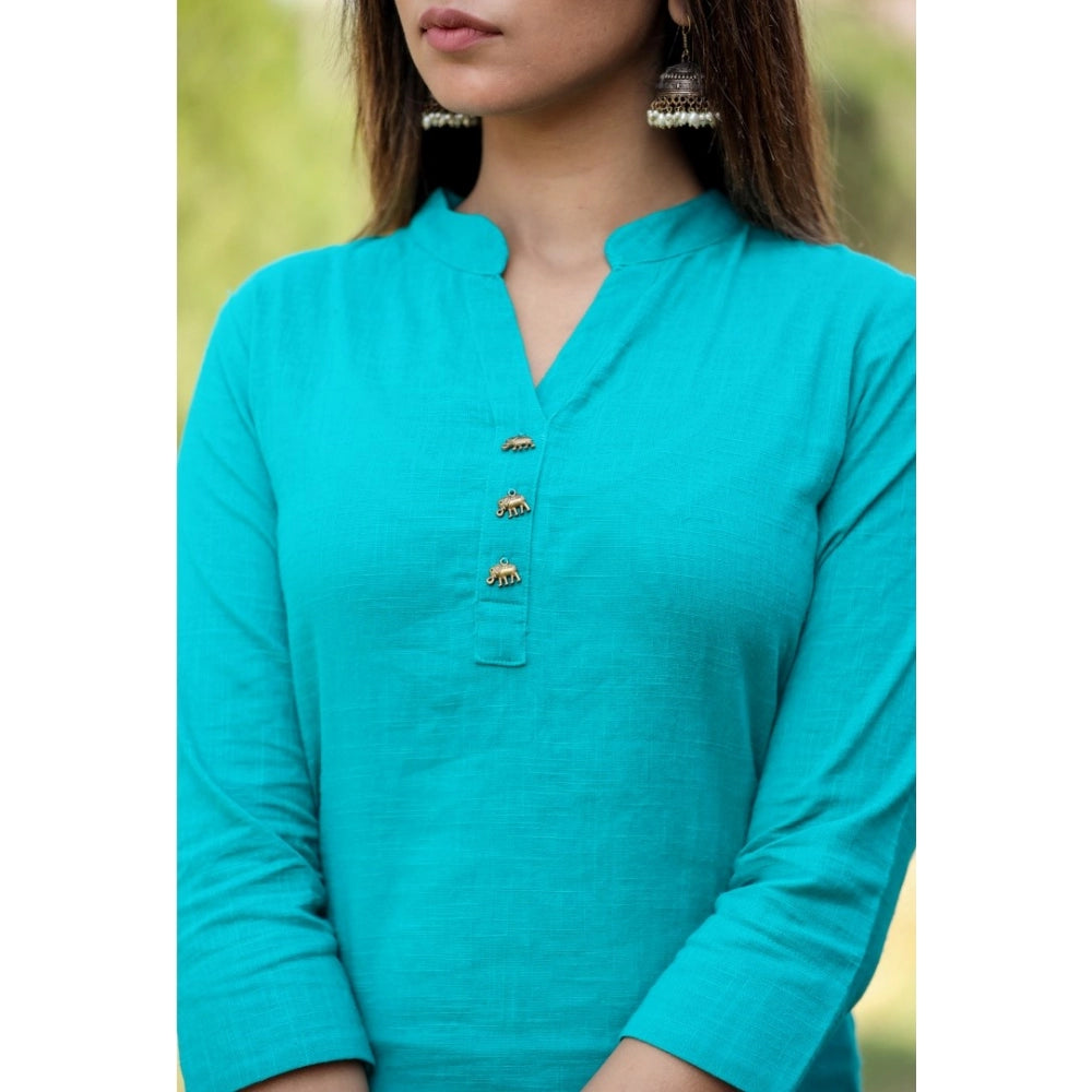 Generic Women's Cotton Solid 3/4 Sleeve Mandarin collar Kurti (Green)