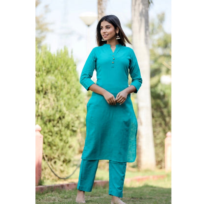 Generic Women's Cotton Solid 3/4 Sleeve Mandarin collar Kurti (Green)