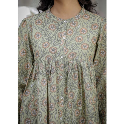 Generic Women's Cotton Printed Full Sleeve Mandarin collar Tunics (Green)