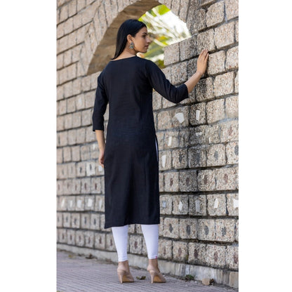 Generic Women's Cotton Solid 3/4 Sleeve Round Neck Kurti (Black)