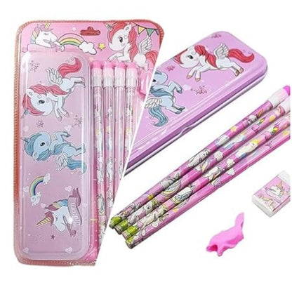 8_Pcs Set Unicorn Metal Pencil Box With 4 Pencils, 1 Sharpner, 1 Eracer And 1 Pencil Cap| Metal Box| Stationery | 3+ Years