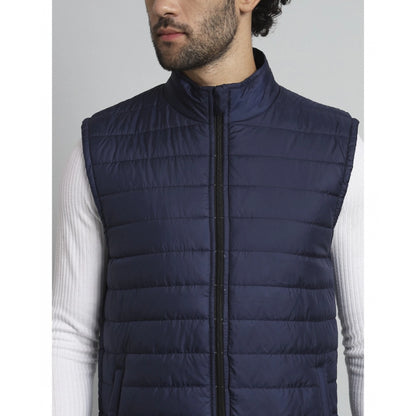 Generic Men's Solid Polyester Sleeveless Bomber Jacket (Blue)