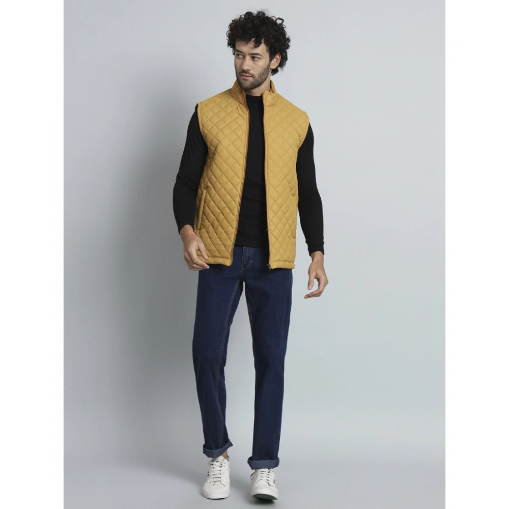 Generic Men's Solid Polyester Sleeveless Bomber Jacket (Yellow)