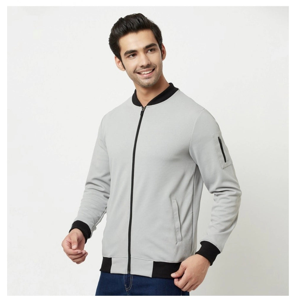 Generic Men's Solid Lycra Blend Full Sleeve Casual Jacket (Grey)