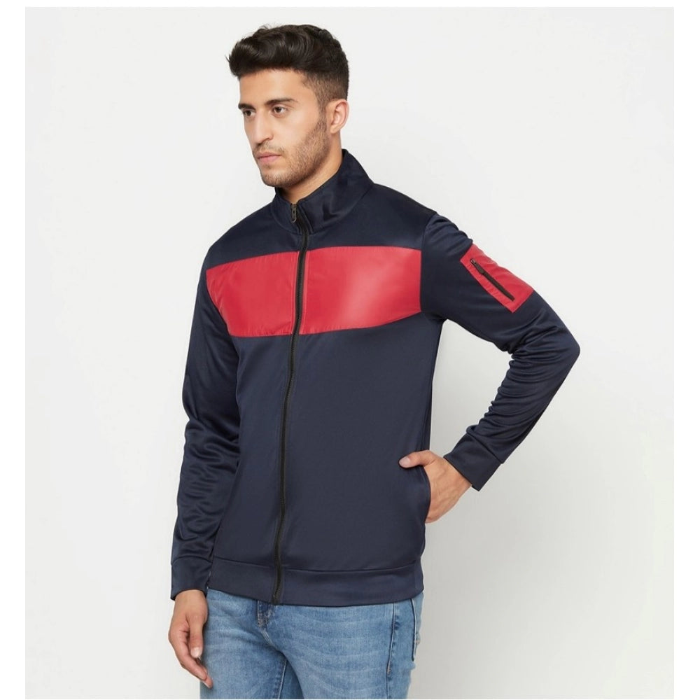 Generic Men's Solid Polyester Full Sleeve Casual Jacket (Blue-Red)