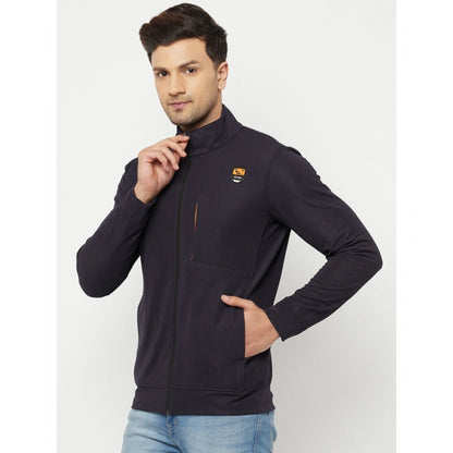 Generic Men's Solid Lycra Blend Full Sleeve Casual Jacket (Navy-Blue)