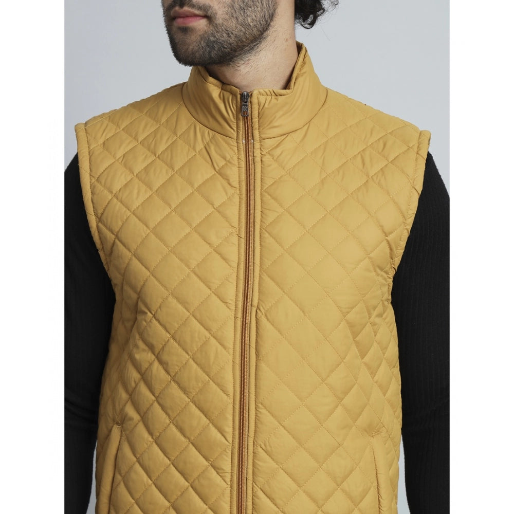 Generic Men's Solid Polyester Sleeveless Bomber Jacket (Yellow)