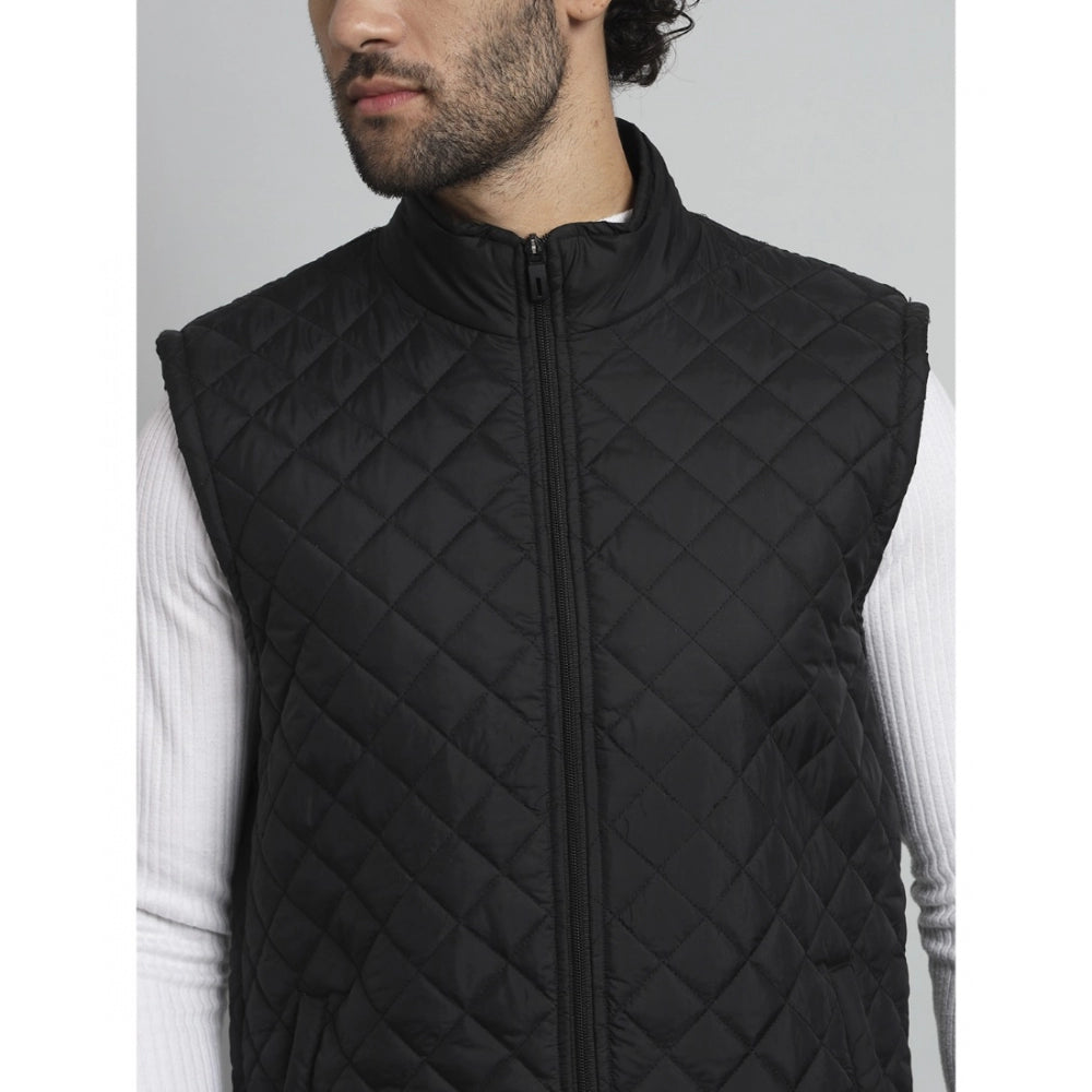 Generic Men's Solid Polyester Sleeveless Bomber Jacket (Black)