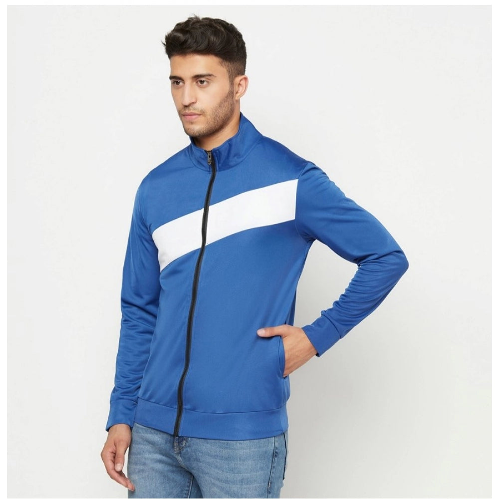 Generic Men's Solid Polyester Full Sleeve Casual Jacket (Blue-White)