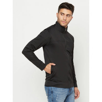 Generic Men's Solid Lycra Blend Full Sleeve Casual Jacket (Black)