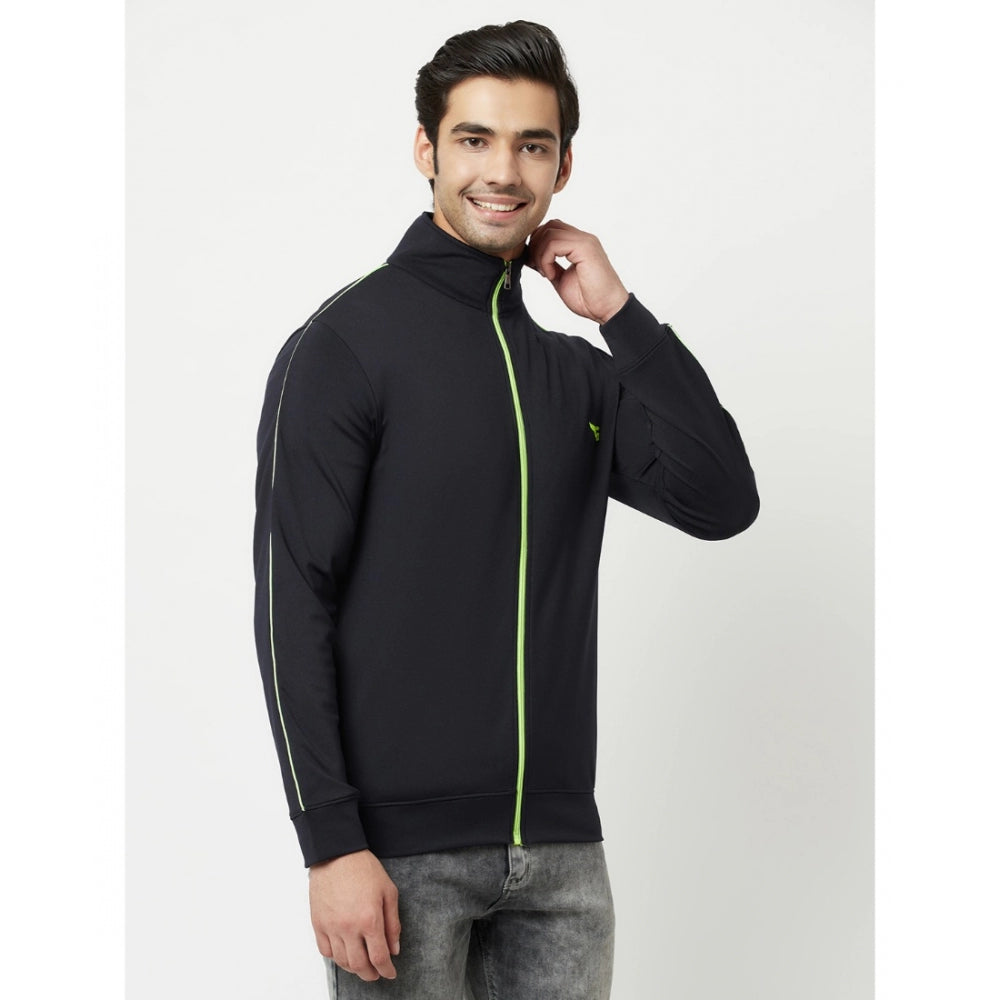 Generic Men's Solid Lycra Blend Full Sleeve Casual Jacket (Navy-Blue)