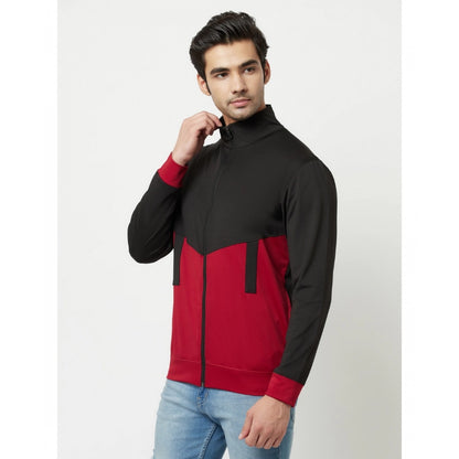 Generic Men's Solid Polyester Full Sleeve Casual Jacket (Black-Maroon)