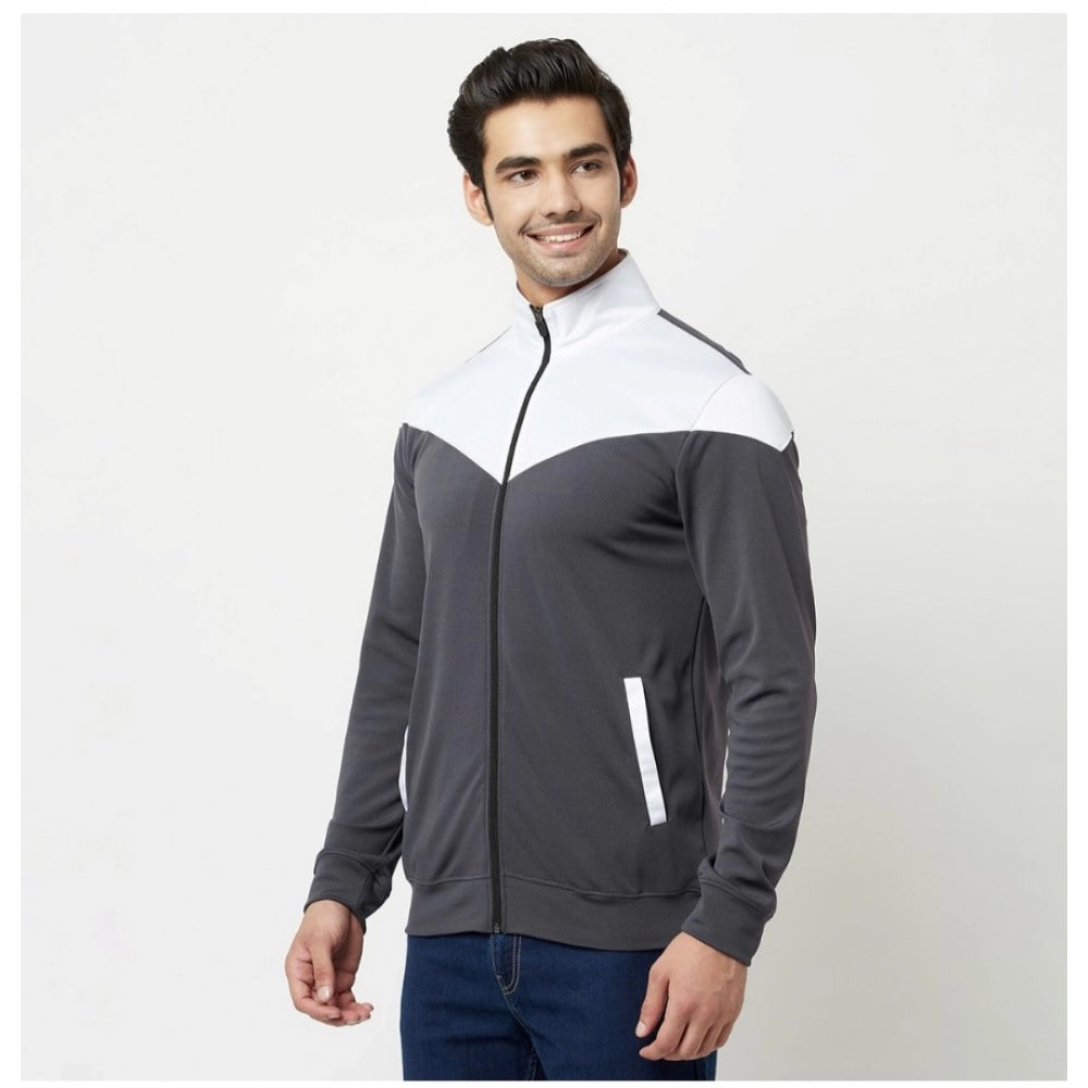 Generic Men's Colorblock Lycra Blend Full Sleeve Casual Jacket (Grey-White)