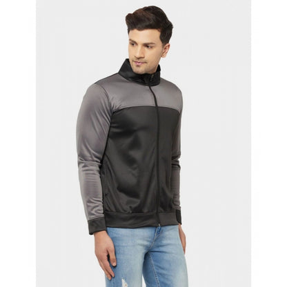 Generic Men's Solid Lycra Blend Full Sleeve Casual Jacket (Black-Grey)