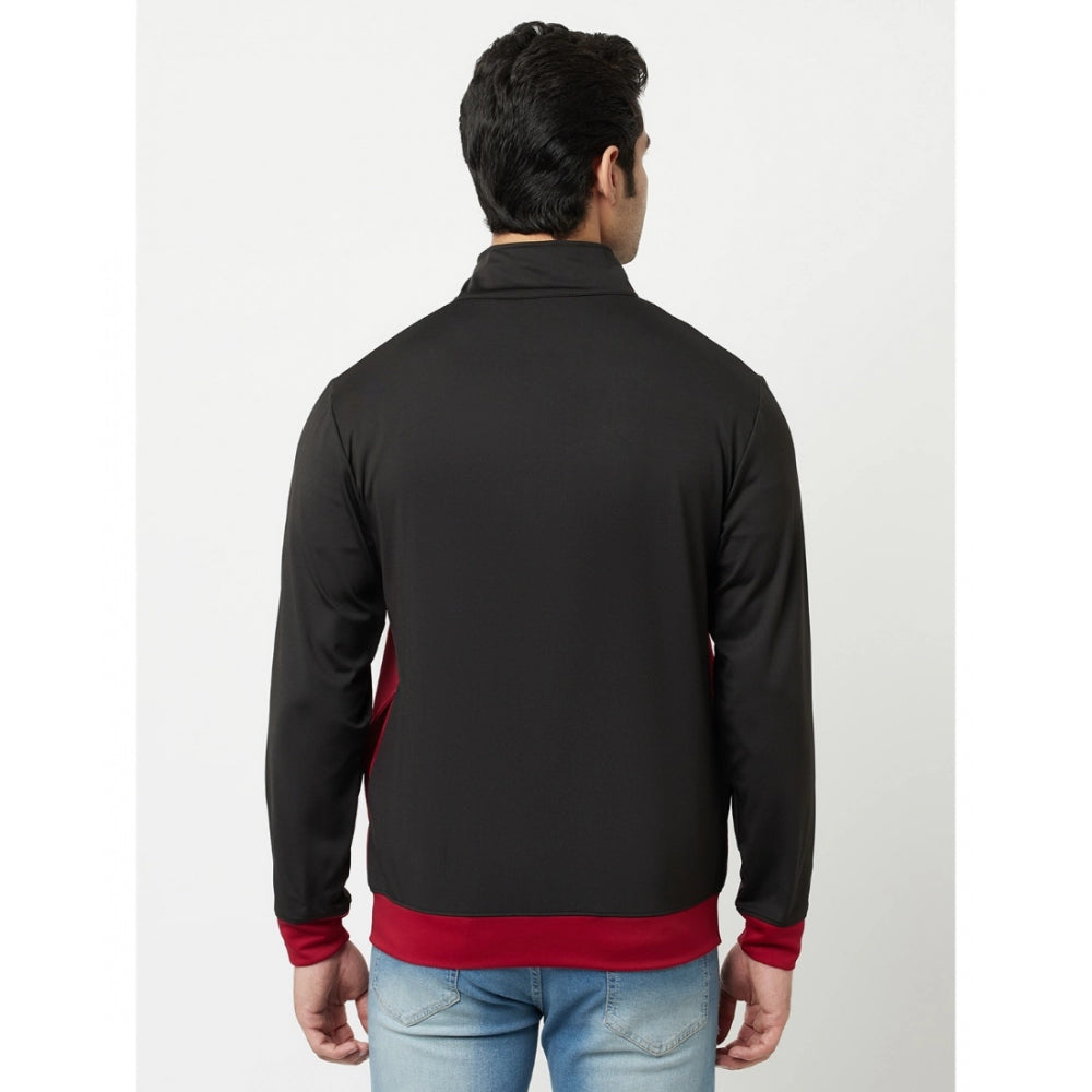 Generic Men's Solid Polyester Full Sleeve Casual Jacket (Black-Maroon)