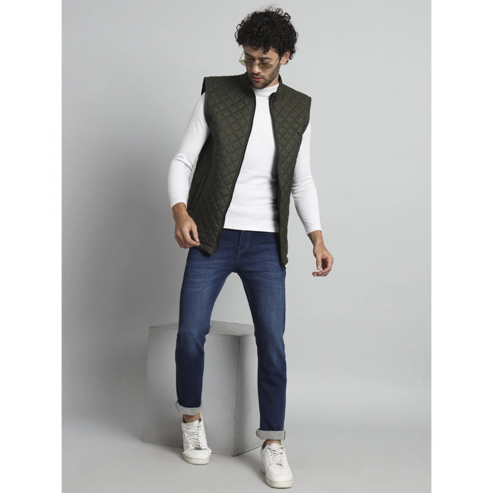 Generic Men's Solid Polyester Sleeveless Bomber Jacket (Dark-Green)