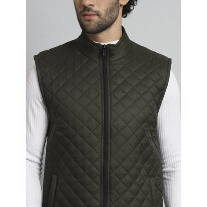 Generic Men's Solid Polyester Sleeveless Bomber Jacket (Dark-Green)