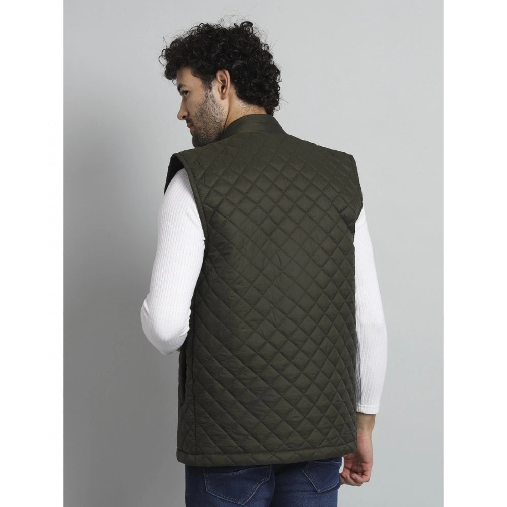 Generic Men's Solid Polyester Sleeveless Bomber Jacket (Dark-Green)