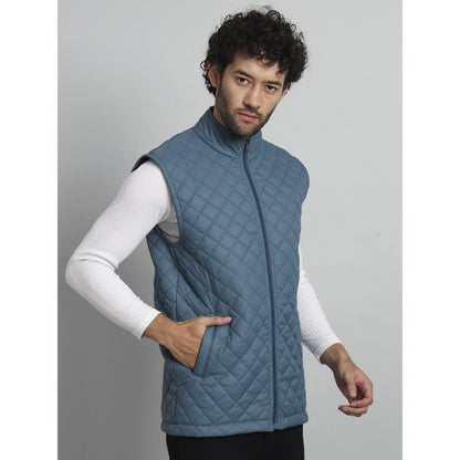 Generic Men's Solid Polyester Sleeveless Bomber Jacket (Blue)