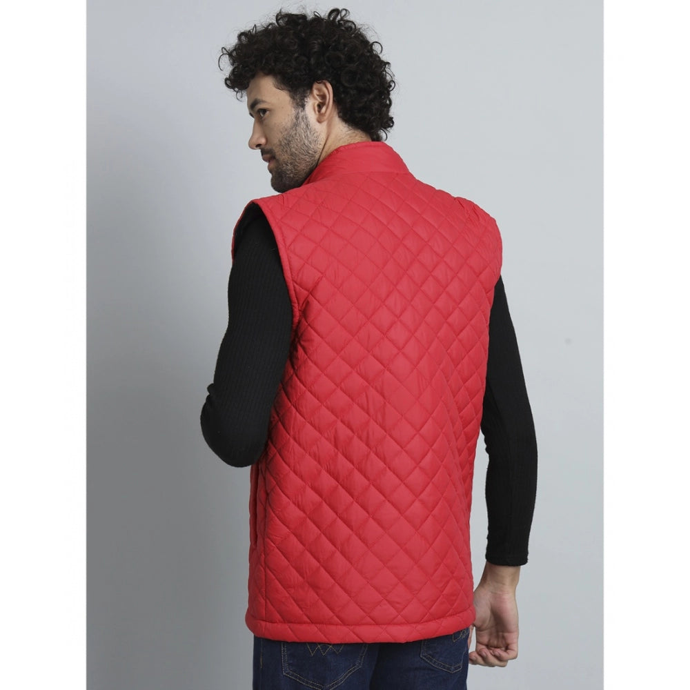 Generic Men's Solid Polyester Sleeveless Bomber Jacket (Red)