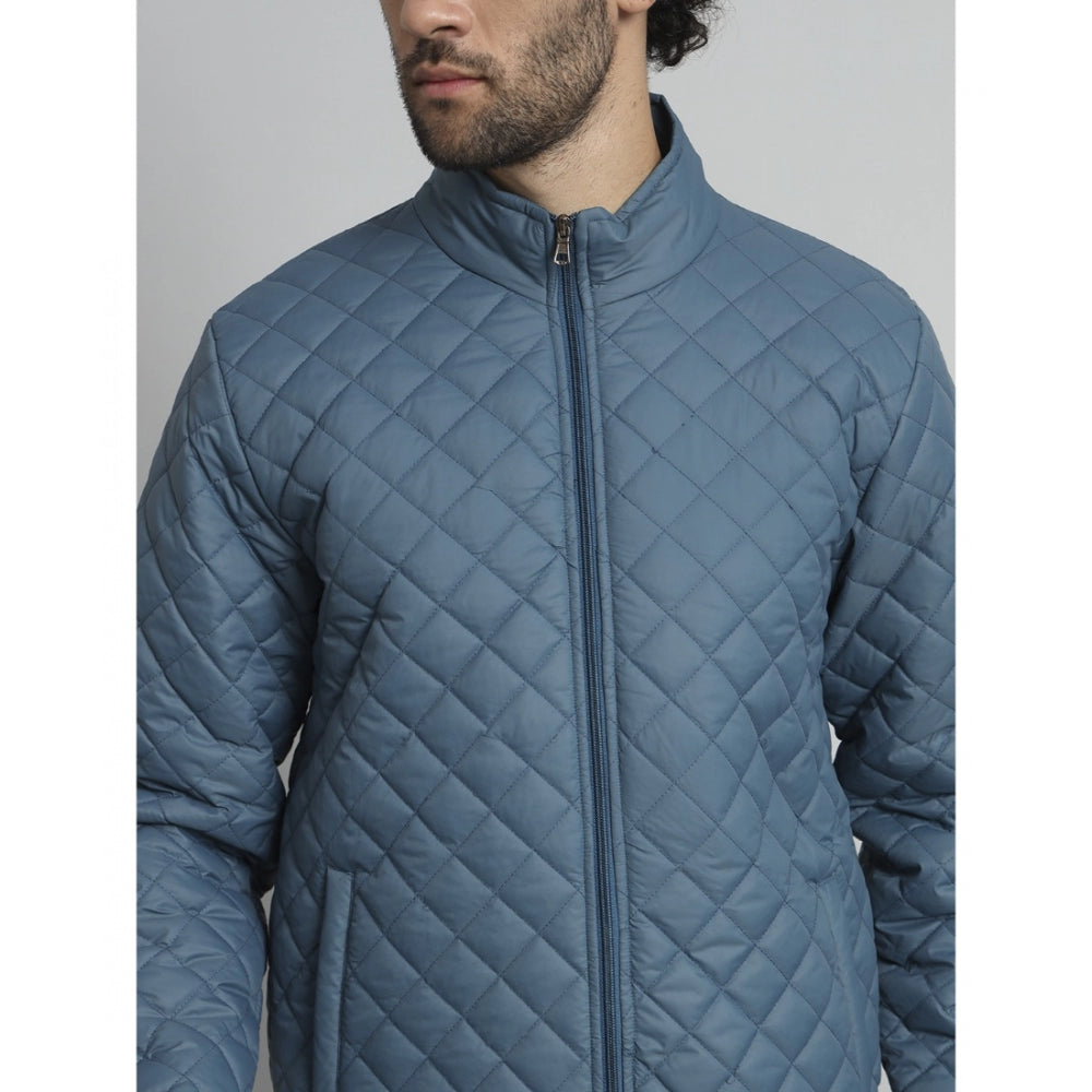 Generic Men's Solid Polyester Full Sleeve Bomber Jacket (Blue)