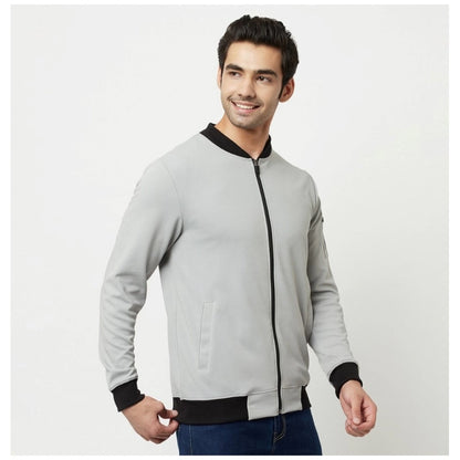 Generic Men's Solid Lycra Blend Full Sleeve Casual Jacket (Grey)