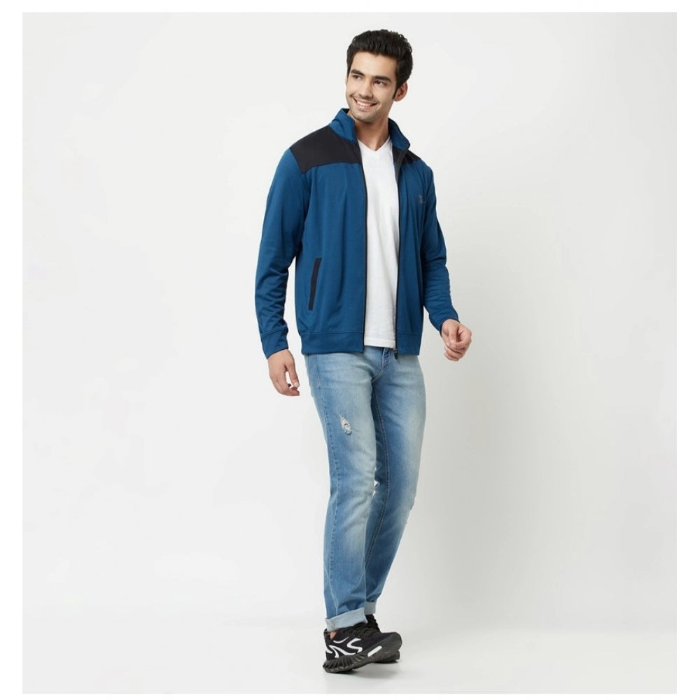 Generic Men's Colorblock Lycra Blend Full Sleeve Casual Jacket (Blue)