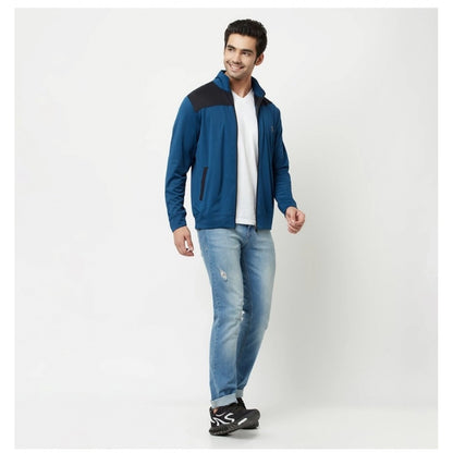 Generic Men's Colorblock Lycra Blend Full Sleeve Casual Jacket (Blue)