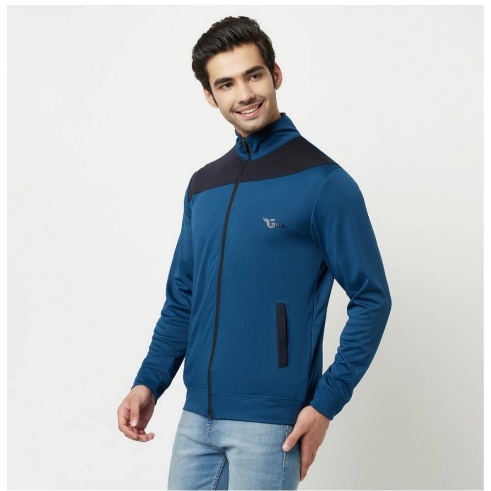 Generic Men's Colorblock Lycra Blend Full Sleeve Casual Jacket (Blue)