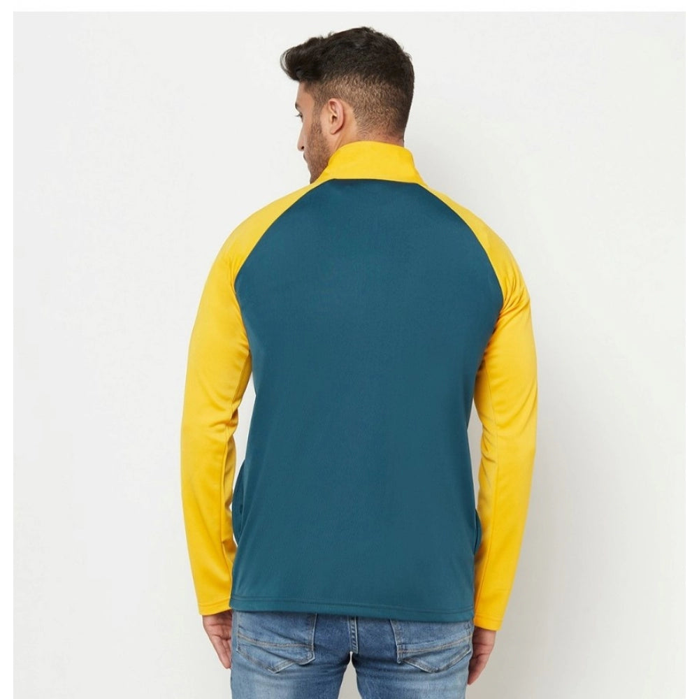 Generic Men's Solid Lycra Blend Full Sleeve Casual Jacket (Yellow-Blue)