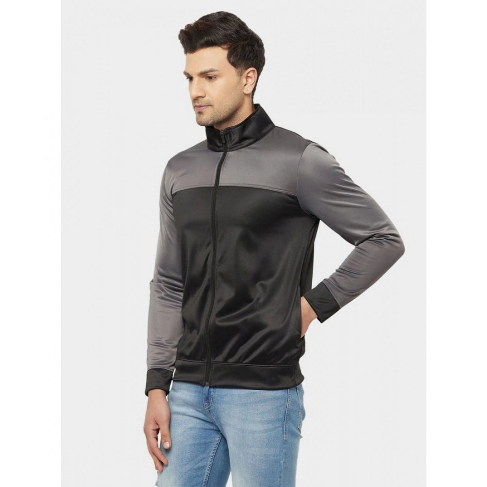 Generic Men's Solid Lycra Blend Full Sleeve Casual Jacket (Black-Grey)