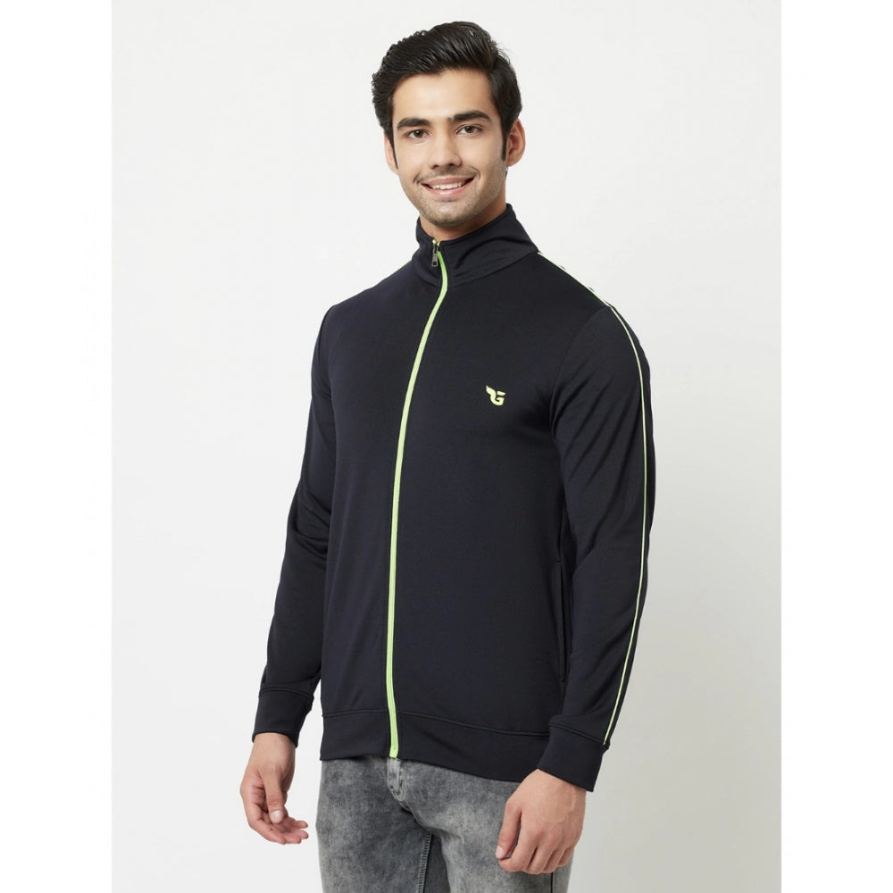 Generic Men's Solid Lycra Blend Full Sleeve Casual Jacket (Navy-Blue)