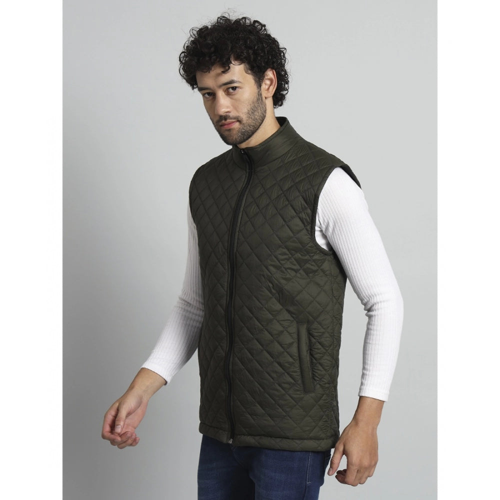 Generic Men's Solid Polyester Sleeveless Bomber Jacket (Dark-Green)