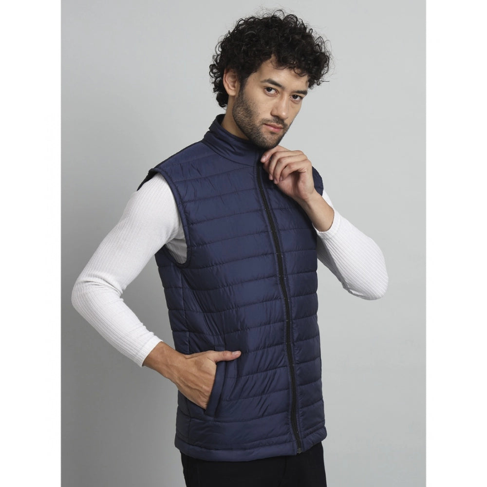 Generic Men's Solid Polyester Sleeveless Bomber Jacket (Blue)