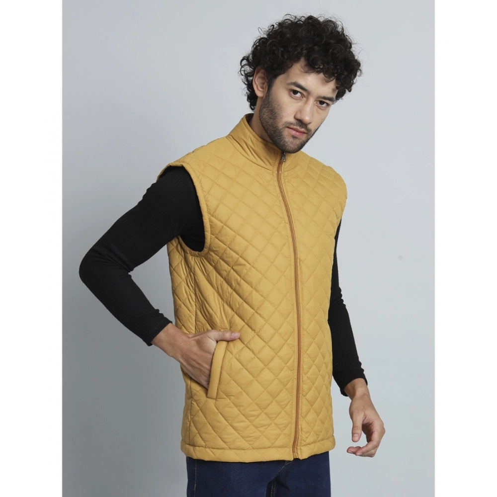 Generic Men's Solid Polyester Sleeveless Bomber Jacket (Yellow)