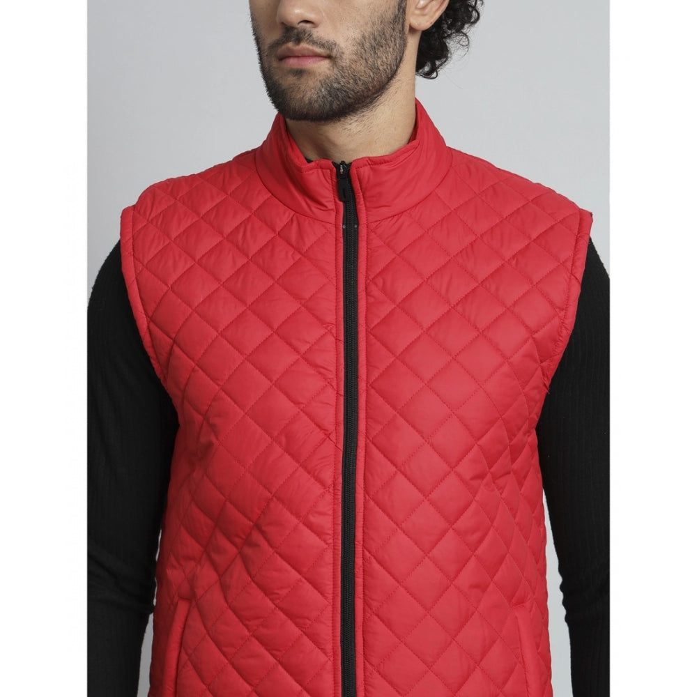 Generic Men's Solid Polyester Sleeveless Bomber Jacket (Red)