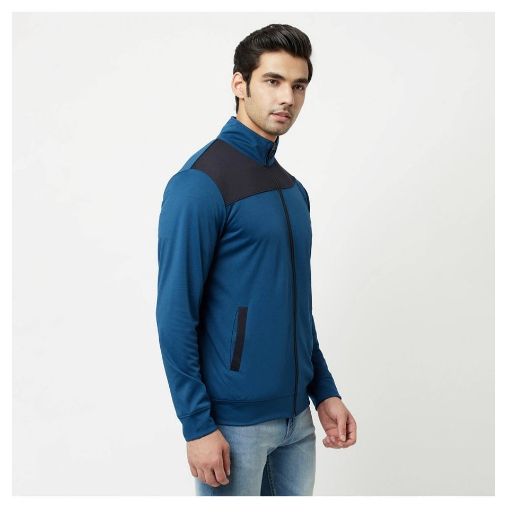 Generic Men's Colorblock Lycra Blend Full Sleeve Casual Jacket (Blue)